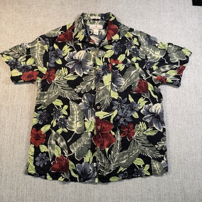 Paradise Collection 100% Silk Hawaiian Mens L Graphic Beach Black Beige Shirt