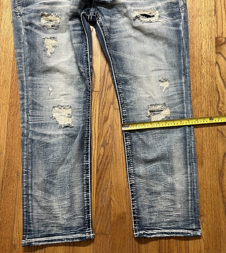 Pantalones de mezclilla Rock Revival "Eithan" relajados elásticos desgastados azul medio 44x30 - Imagen 9 de 15