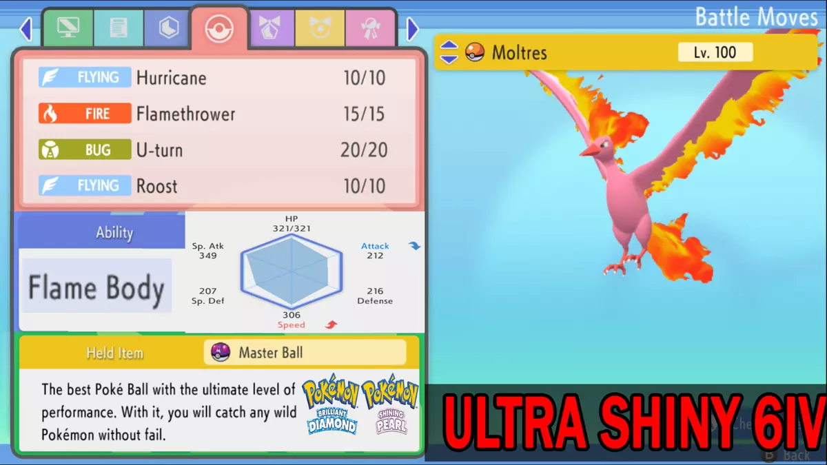 6IV Shiny Moltres Pokemon Brilliant Diamond and Shining Pearl