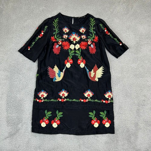 Zara Dress Women Small Black Floral Embroidered Crane Bird Short Sleeves Mini