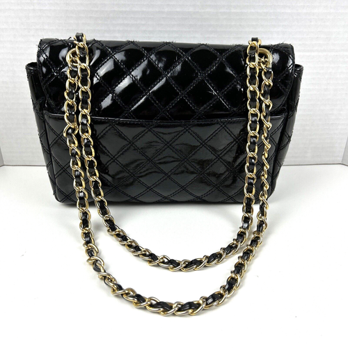 Quilted Evening Bag Double Chain Strap Paradox Vintage Black Sexy Patent Leather - Picture 2 of 12