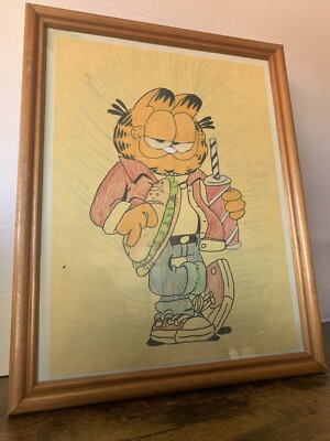 Vintage Garfield Framed Drawing And Coloring Art 14  X 11  Unique One Of A Kind