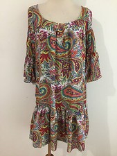 ZARA Basic Scoop Neck Ruffled Dress White, Jade, Fuchsia & Yellow Paisley Size S