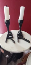 ANTIQUE HAND FORGED IRON BRUTALIST CANDLE STICKS PAIR CATTLE BRANDING IRONS GRT