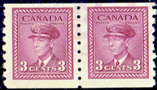 CANADA SC#266 KING GEORGE VI 1943 3¢ ROSE VIOLET COIL PAIR USED G-VG 45 (137V25)