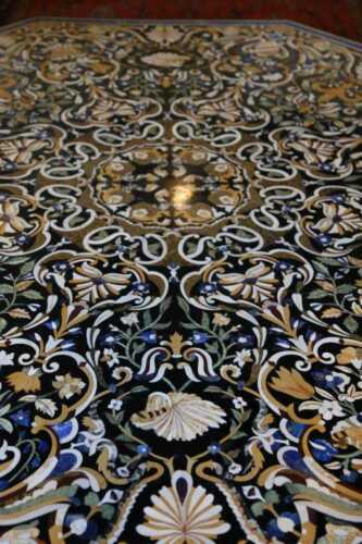 42" Black Marble Dining Table Top Pietra Dura Inlay Work - Picture 2 of 14