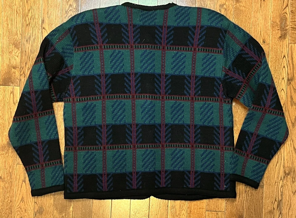 Cárdigan Suéter Vintage Años 80 Tally-Ho Pollak Granny Cuadros Verde Rojo Azul Botones L Foto 2 de 4