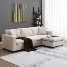 Modern Sectional Sofa with Throw Pillows, L-Shaped, 4-Seat Couch Set w/ Ottoman