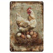 Rustic Hen  Eggs Tin Metal Signs - Vintage Farmhouse Wall Art, 8x12 Inch Retro