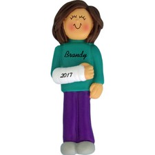 Personalized Christmas Ornament - Brunette Female with Cast on Arm