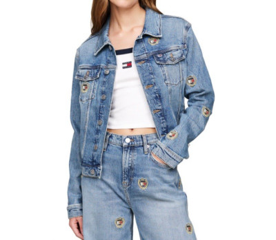 Tommy Jeans Womens Izzie Slim Crest Denim Jacket Embroidered Critter Crest