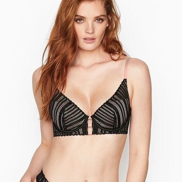 32D XS Victoria’s Secret Conjunto Lencería Pushup Rayas Verdes Encaje Bragas Descaradas Foto 2 de 4