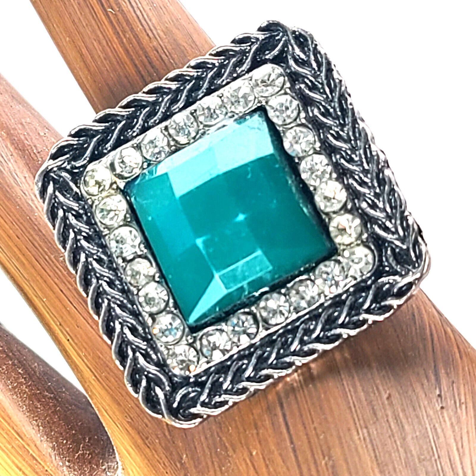 Vintage Style Green Rhinestone Statement Ring Size 7 Adjustable Chunky