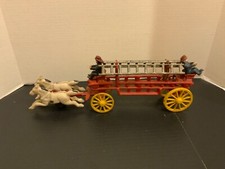 Antique Cast Iron Horse Drawn Fire Truck Engine Wagon Toy w/ Ladders Firemen