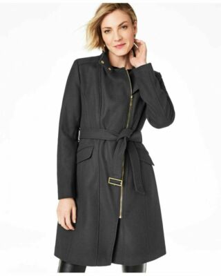 Cole Haan Womens Black Belted Asymmetrical Walker Outerwear Coat Jacket Size 4