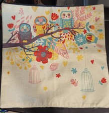 Multicolor Canvas Square Pillow Cover with Owl, Floral  Nature Design 18x18