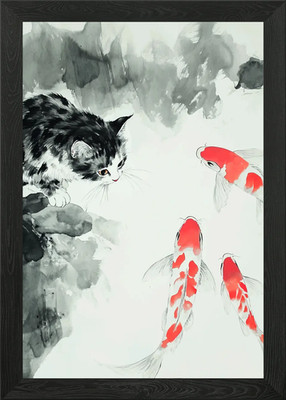 Katze und Koi Fisch Gemälde gerahmt Wandbild Poster Leinwanddruck Bild