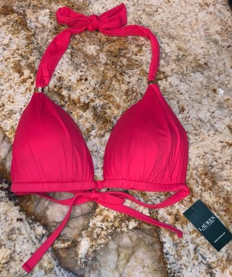 RALPH LAUREN Beach Club Solid Raspberry Halter Bikini Swim Top Womens Sz 10 12
