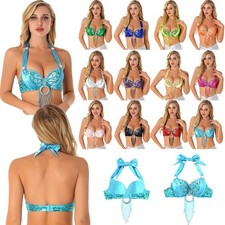 US Women Belly Dance Costume Bra Top Halter Shiny Beaded Tassel Sequin Underwire