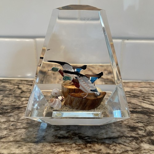 Wild Geese In Lucite Clear Paperweight Decorative Shelf Sitter Mallard Seashell - Picture 4 of 13