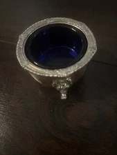 VINTAGE Silver/Cobalt Blue Glass Salt Cellar/mustard Pot with Lions