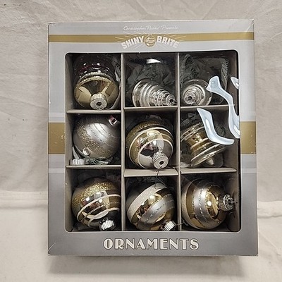 2014 Radko Box of 9 Shiny Brite Stripes Chrismas Ornaments Gold Silver Color