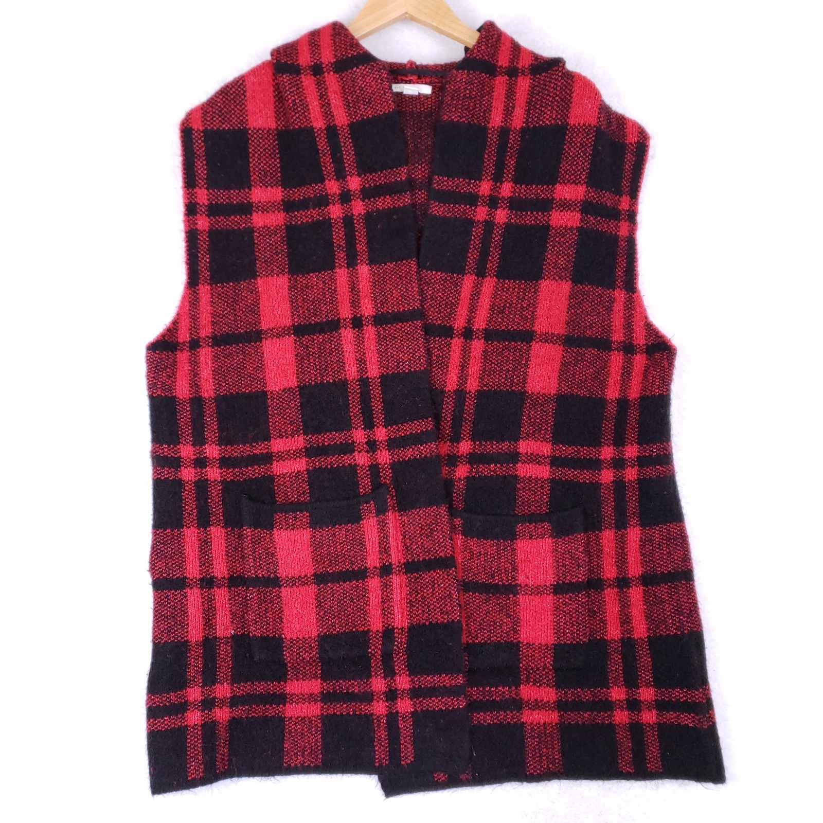 EST 1946 Hooded Plaid Vest XL Red Black Buffalo Check Knit Open Front Cozy-image