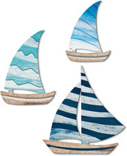 Wooden Sailboat Wall Art Set of 3, Coastal Nautical Decor Self-Adhesive Sculptur