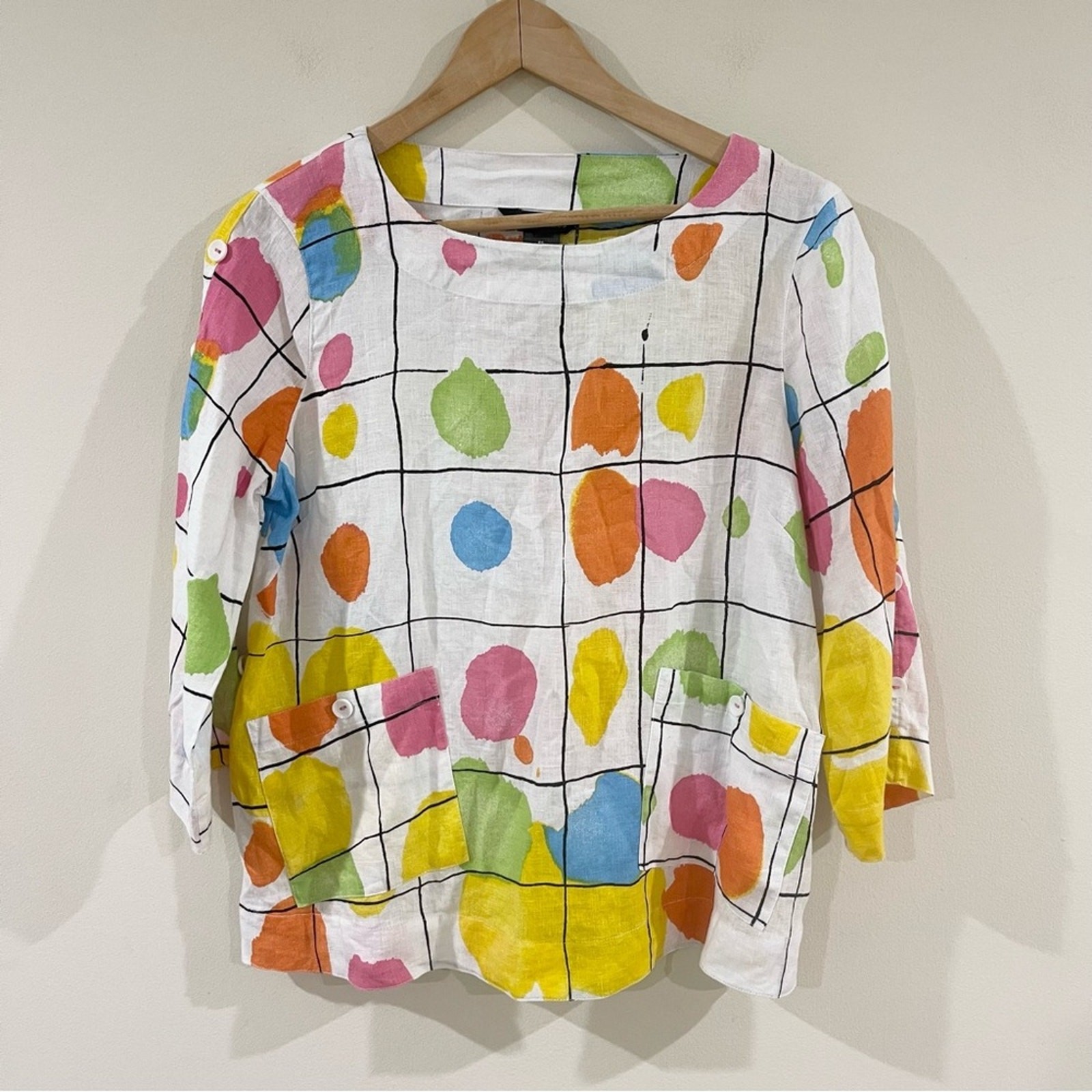 Ali Miles Linen Multicolor Grid Pattern Blouse To… - image 1
