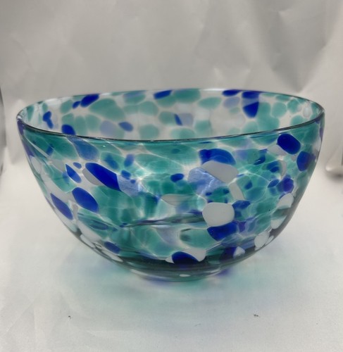 Blue Aqua White Confetti Speckled Abstract Handblown Art Glass Serving Bowl 8.5"