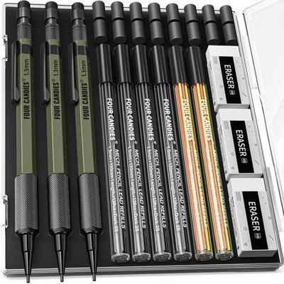 1.3mm Mechanical Pencil Set with 72 Lead Refill, 3PCS Metal Weatherproof Body...