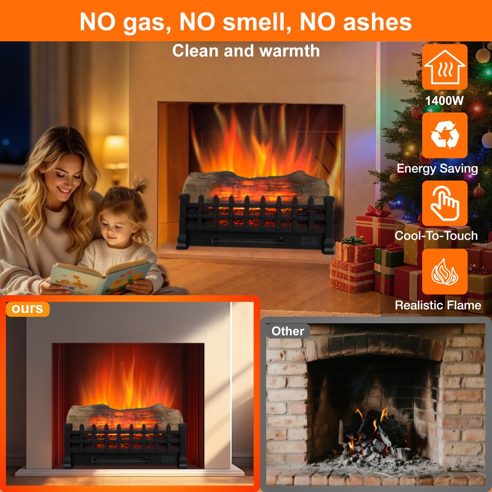 20" Electric Fireplace Log Set Heater 1400W 3D Flame Freestanding/Insert Remote