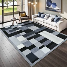Modern Large 5x8 Area Rug, Low Pile Super Soft White Rug, Patchwork Geometric