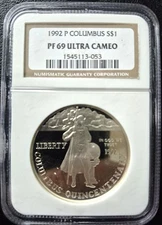 1992-P 26.73 G .999 SILVER $1 F69 ULTRA CAMEO "COLUMBUS QUINCENTENARY" NGC