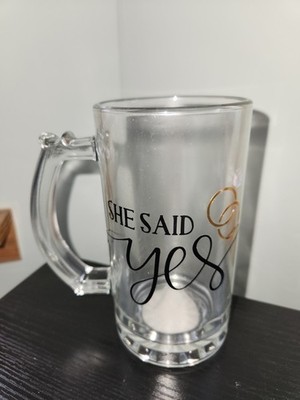 ''She Said yes'' Glass Beverage Mug 6''x3''  w/Handle,Grooved Bottom,Drink Cup Beer