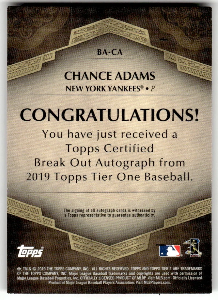 2019 Topps Tier One Chance Adams Break Out Autographs #/250 #BA-CA Auto - Image 2 of 2