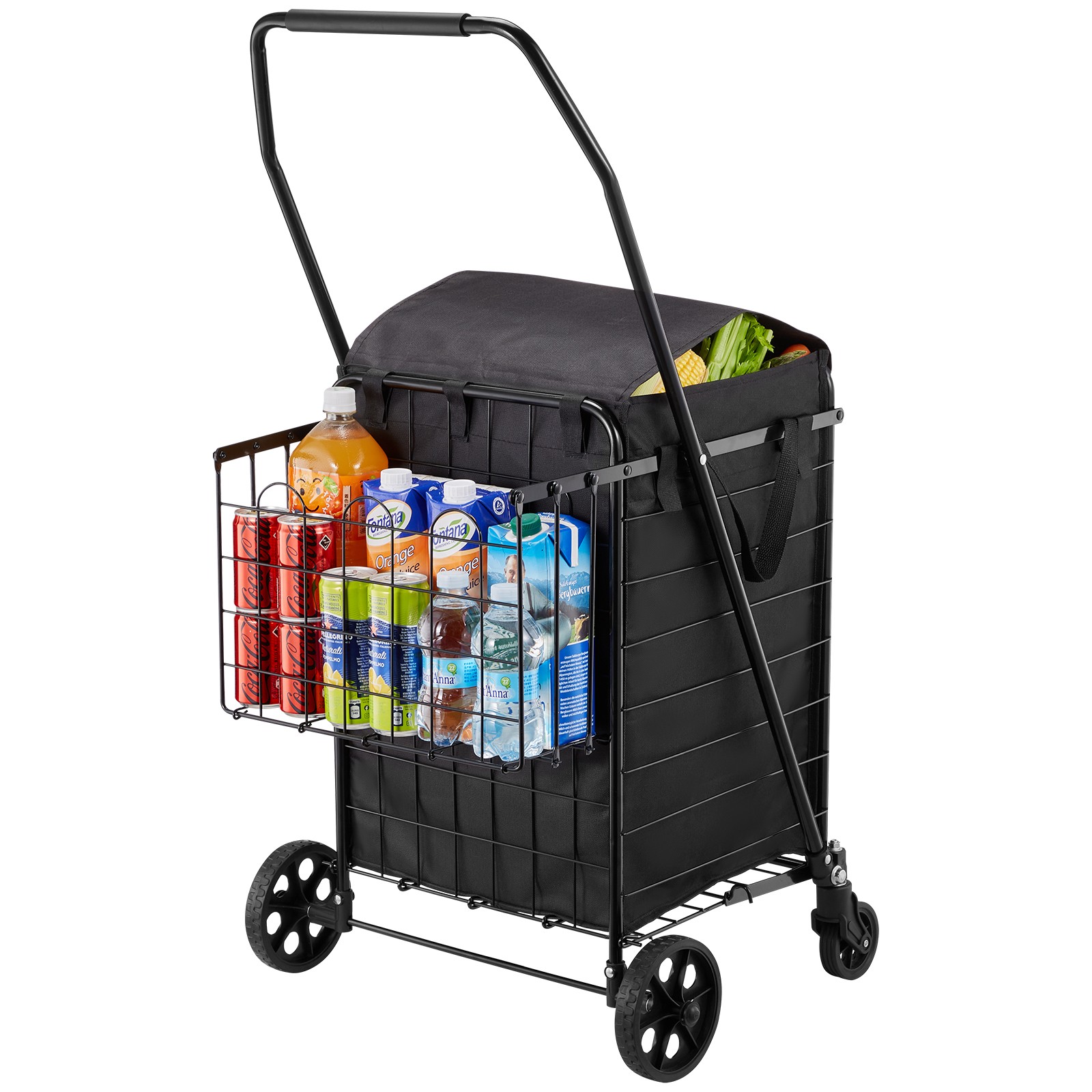 VEVOR Carrito de Compra Plegable 64 + 10 L con Dos Cestas y Ruedas Impermeable
