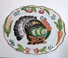Vintage Hand Painted Colorful Turkey Platter Wall Charger Made In Italy