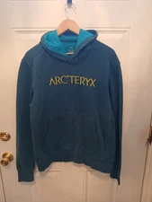 Arcteryx Sweatshirt Hoodie Blue Fleece Lined Spellout Logo Statement Mens Sz L