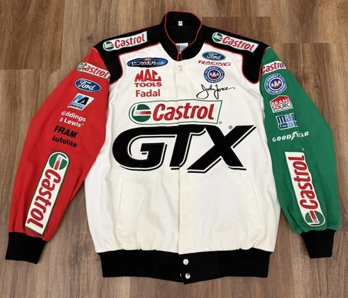 ⁠Vintage John Force Castrol GTX NHRA Racing Bomber Jacket Mens Size Medium - product listing photo