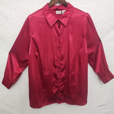 Womens White Stag Top 16W Red Satin Vtg 90s  Dressy Timeless Dramatic Soft Glam