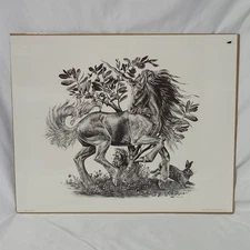 1981 M PENA Sketch - Unicorn / Flowers / Rabbit - Alberti Design - 21x17in B&W