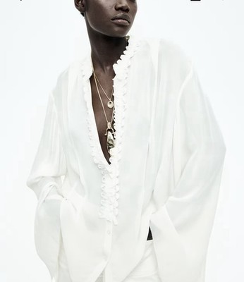 H&M EDITION S/S 2025 White Crepe Frill-trimmed Blouse. Small.  NWT