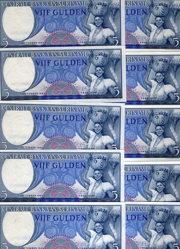 LOT Suriname / Surinam, 10 x 5 Gulden, 1963, Pick 120 (120b) UNC