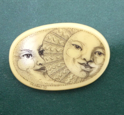 Tree of Life Smiling Sun Moon Polymer Scrimshaw Pin by Kim McClellan Art Works