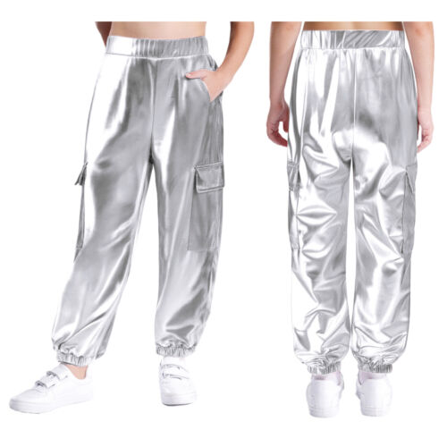 Unisex Kids Pants Shiny Dancewear Metallic Trousers Costumes Training Jazz Boys - Picture 6 of 127