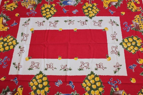 Vintage Tablecloth - Red Background Farm Scene Buildings Animals 48" x 64" - Bild 6 von 6