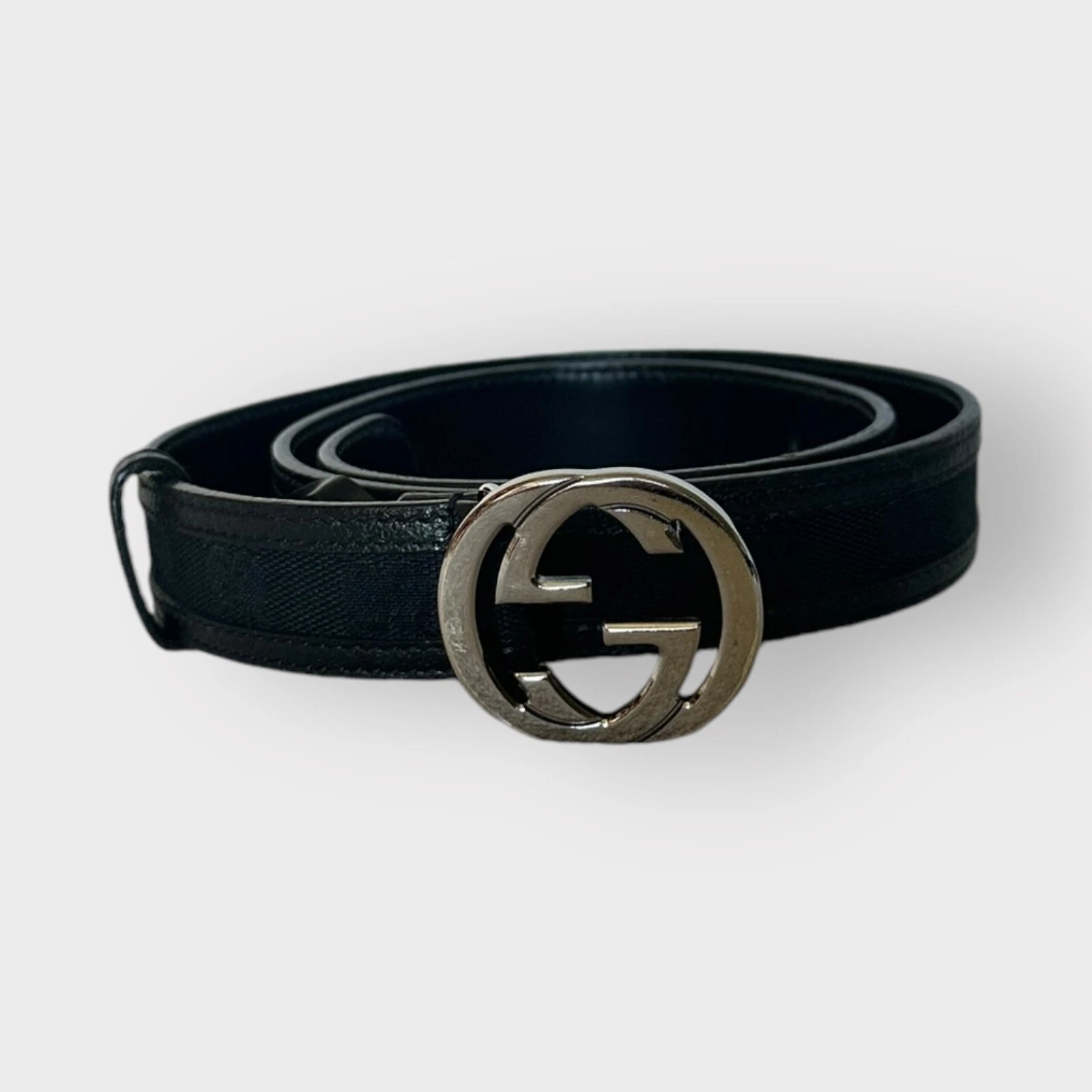 Authentique ceinture Gucci fine monogramme cuir et toile noir taille 85/34