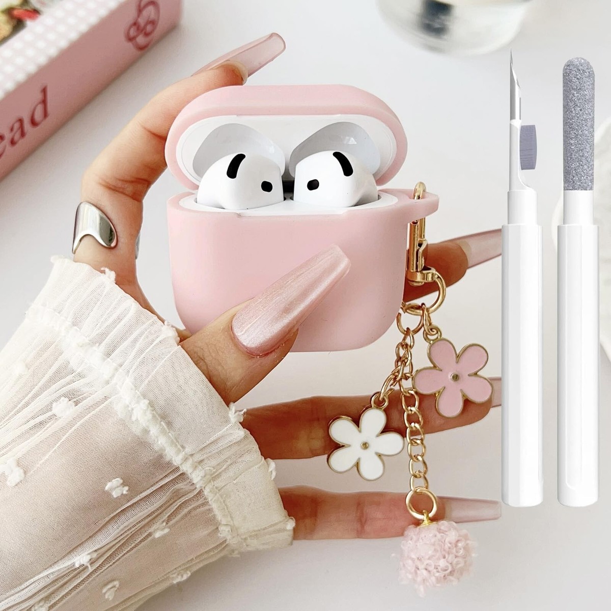 Cute Pink Case for Airpods 4 Cover for Girl Women with Pom pom