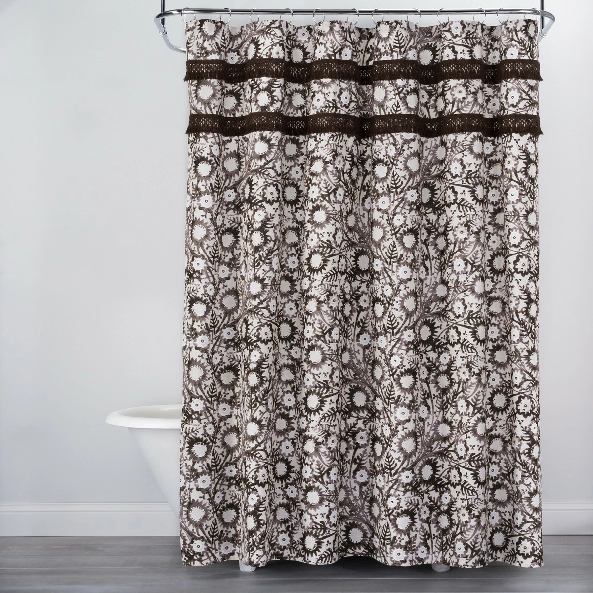 NEW Botanical Print with Fringe Shower Curtain Brown White by Opalhouse 72x72